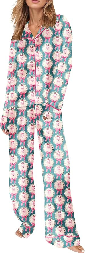 Faretumiya Women 2 Piece Satin Christmas Pajamas Set Holiday Print Long Sleeve Sleepwear Santa Bu... | Amazon (US)