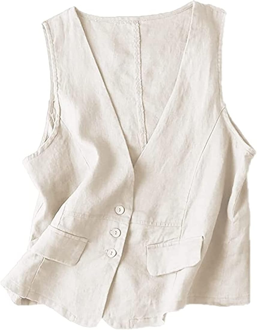 Dongfeng Women's Cotton Linen Sleeveless Vest Casual V Neck Button Down Blazer Waistcoat Jackets | Amazon (US)