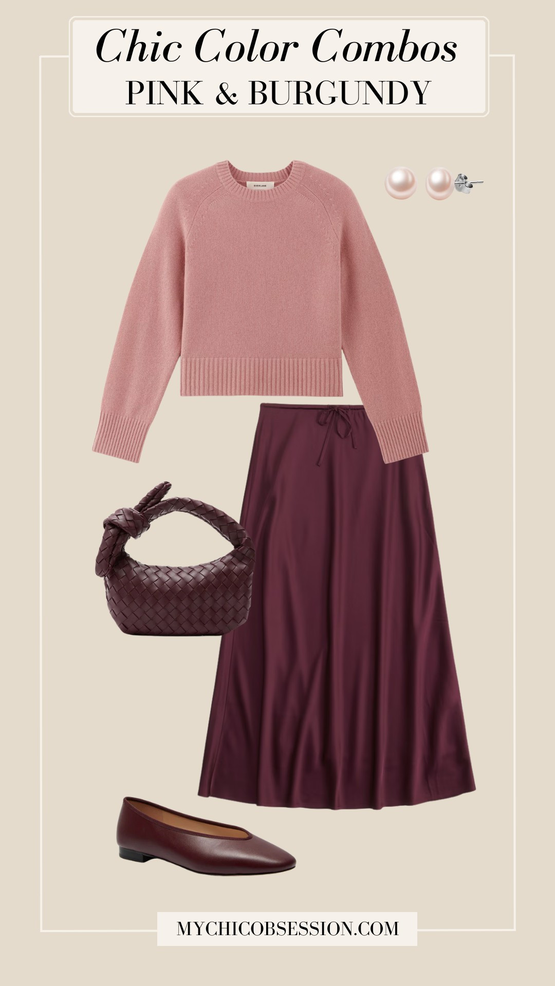 Transition your look from winter to spring by pairing a burgundy slip skirt with a light pink sweater. The pink offers a bright pop that’s perfect for warmer weather, while the pieces themselves will keep you warm in the remainder of winter.

Accessorize with a woven burgundy bag, flats, and a pair of light pink pearl earrings for a classic, elegant touch. 

 #LTKSeasonal #LTKStyleTip #LTKShoeCrush