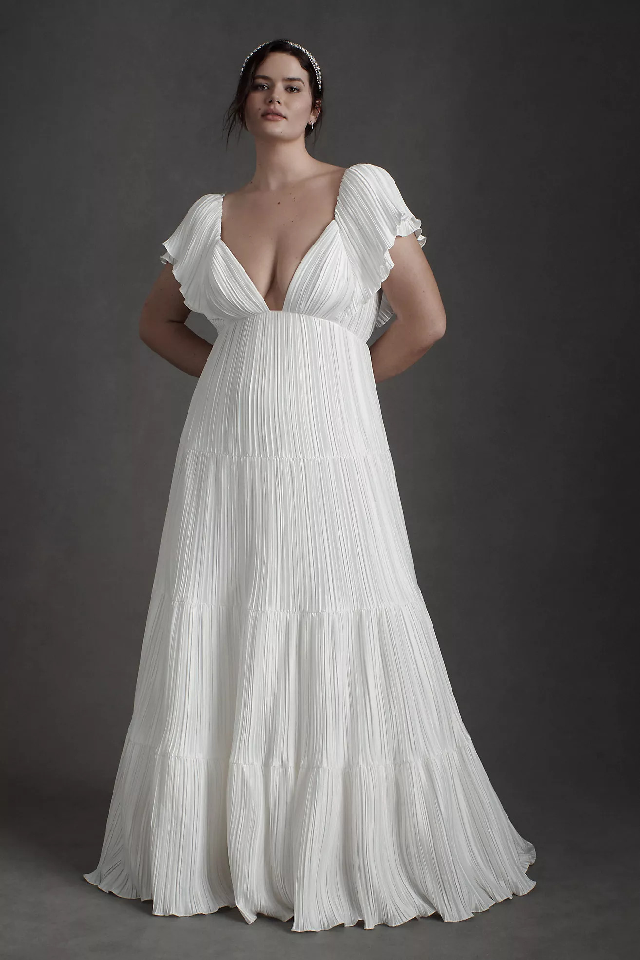BHLDN Valerie Flutter-Sleeve Pleated Satin Wedding Gown | Anthropologie (US)