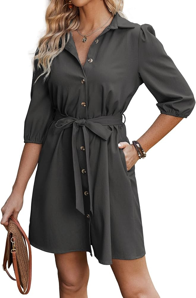 HOTOUCH Womens Denim Shirt Dress Button Down V Neck 3/4 Sleeves Tie Waist Chambray Dresses Casual... | Amazon (US)