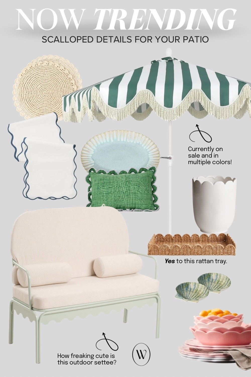 Patio inspo? Scalloped everything is trending! Check out this cute outdoor settee, stripe fringe umbrella, woven placemat, scalloped tray and scalloped pillows. Every detail is linked and some are on sale!

#LTKSaleAlert #LTKHome #LTKSeasonal