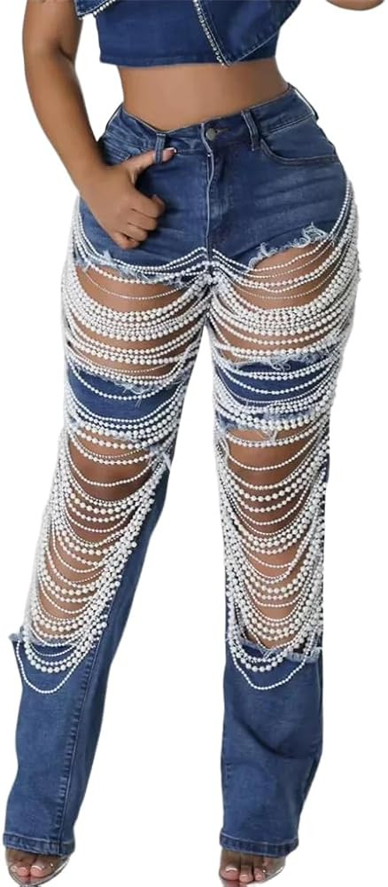 CHEZVOGUE Women's Sexy High Waist Ripped Jeans with Rhinestone Pearl Chains Stretch Distressed De... | Amazon (CA)