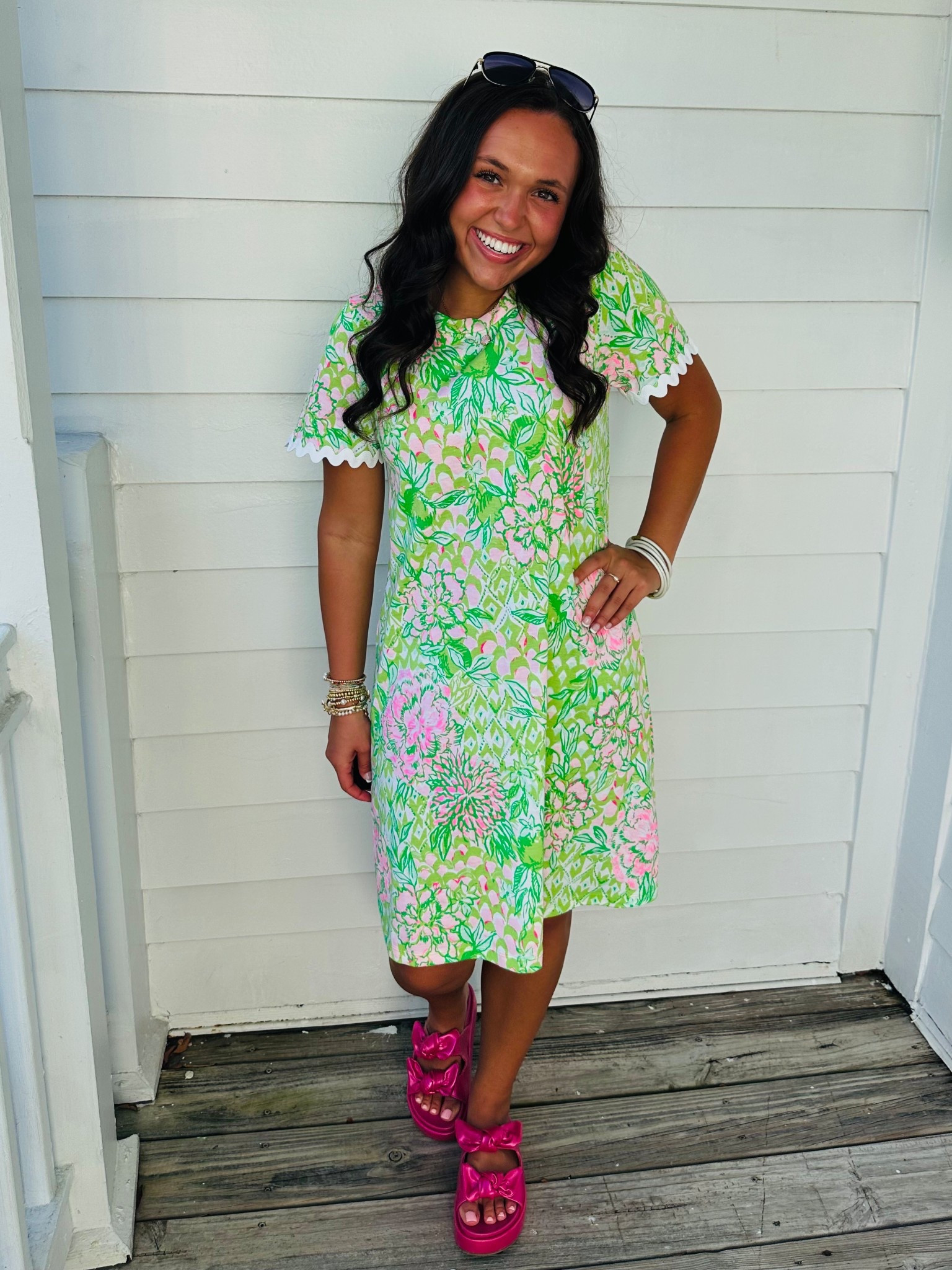 I am obsessed with this new dress & these shoes! This dress is perfect for vacation, Easter, weddings, and every other event this spring & summer. 💗💚 

Vacation outfit. Spring outfit. Spring dress. Spring break outfits. Outfit ideas. Lilly Pulitzer. Sandals. 

#LTKStyleTip #LTKWorkwear #LTKShoeCrush