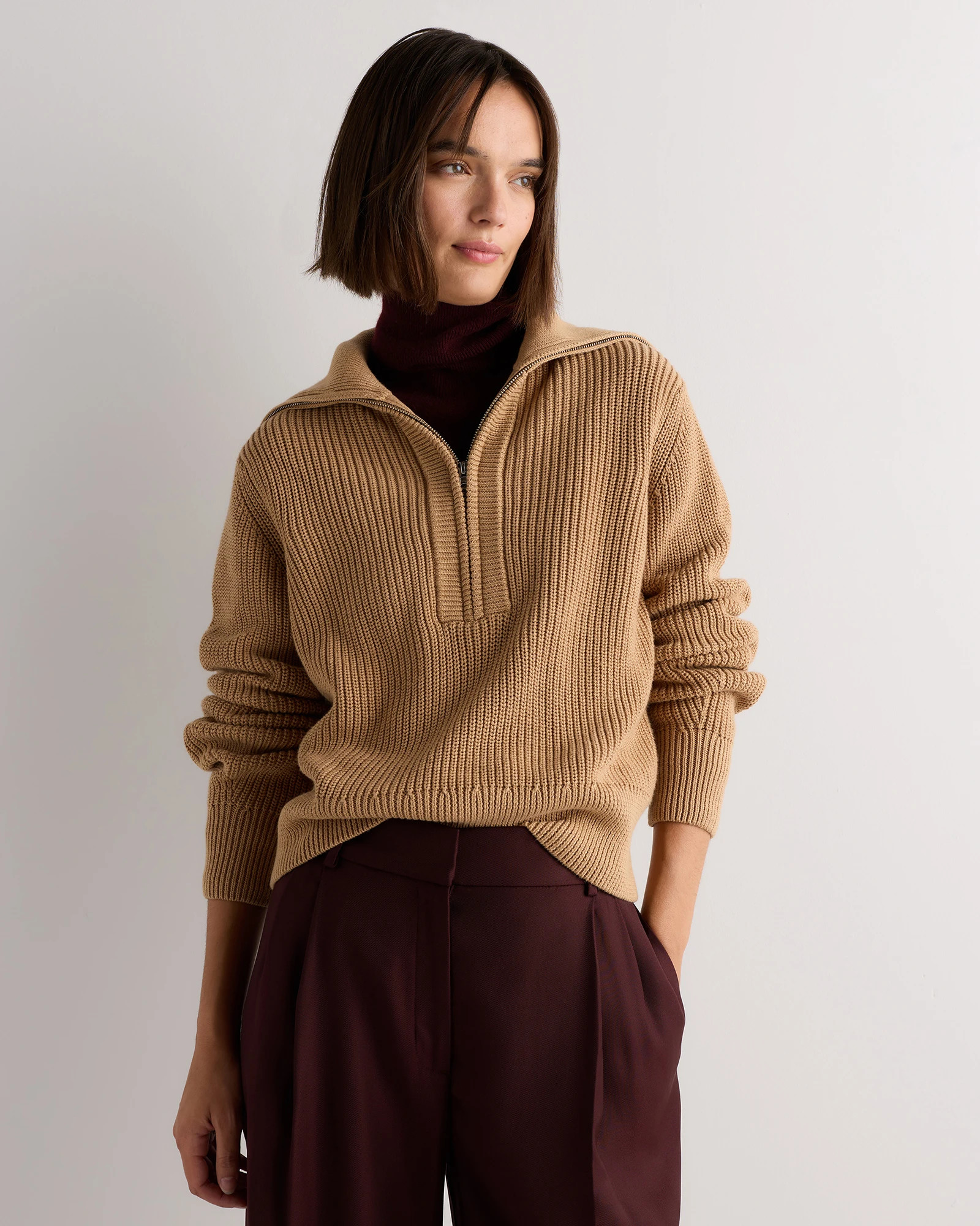 Quince | Women's Collared Quarter Zip Sweater in Camel, Size XS, Organic Cotton | Quince