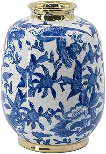A&B Home 11'' Blue White Porcelain Vase Decorative Flower Bird Painted Glazed Ceramic Gold Lid Ch... | Amazon (US)