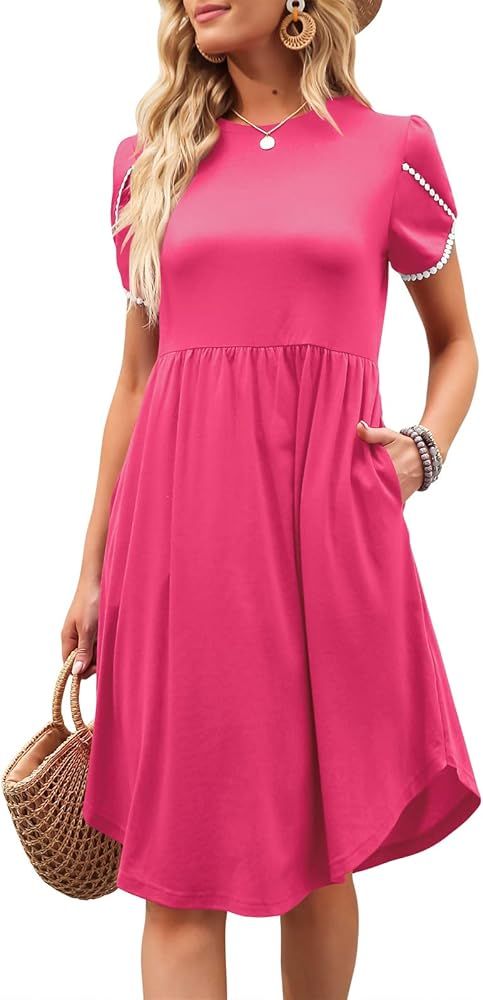 ANRABESS Women's Crewneck Petal Short Sleeve T Shirt Dress Casual Solid Swing Midi Dresses with Pock | Amazon (US)