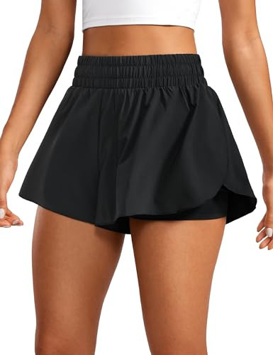 CRZ YOGA Women's 2 in 1 Flowy Running Shorts High Waisted Quick Dry Sport Gym Biker Shorts Athletic Tennis Skirts with Pockets Black 8 | Amazon (UK)