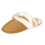 Jessica Simpson Women's Comfy Faux Fur House Slipper Scuff Memory Foam Slip on Anti-Skid Sole, Tan,  | Amazon (US)