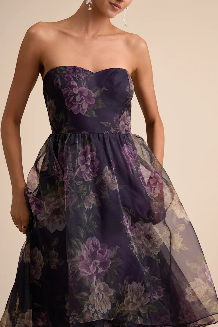 Truly Extraordinary Purple Floral Organza Strapless Maxi Dress | Lulus