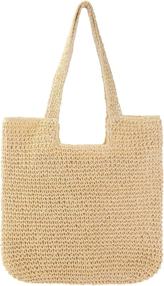Straw Beach Tote Bag for Women Large Summer Woven Straw Bag Lightweight Foldable Shoulder Handbags for Travel,Vacation | Amazon (US)