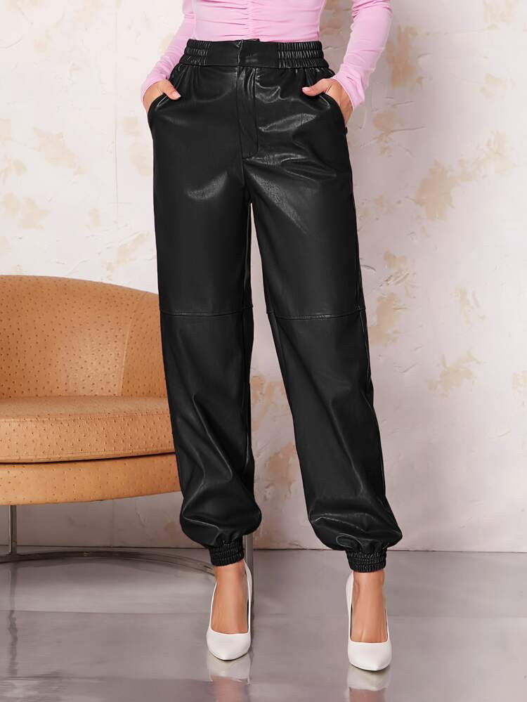 SHEIN BAE Slant Pocket PU Leather Carrot Pants | SHEIN