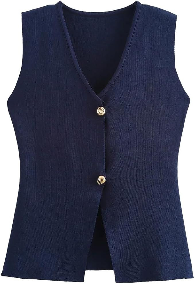Women Button Sweater Vest Casual Sleeveless V Neck Knit Vest Summer Waistcoat Cardigan | Amazon (US)