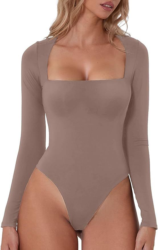 QINSEN Women's Sexy Square Neck Bodysuit Long Sleeve Double Lined Shirt Tops | Amazon (US)