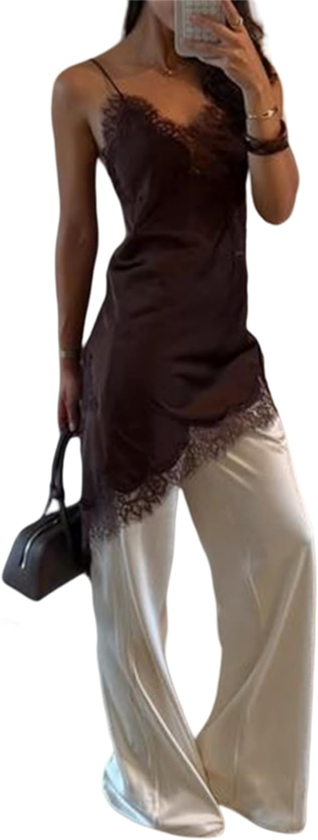 Women Y2k Satin Lace Trim Cami Shirt Spaghetti Strap Side Split Asymmetrical Silky Camisoles Goin... | Amazon (US)