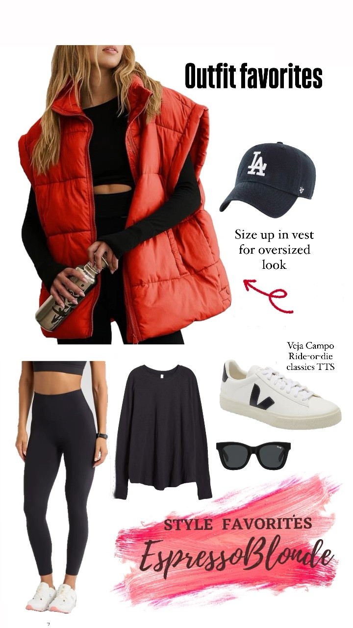 Current outfit favorites. Size up two sizes in vest for oversized look. Veja runs TTS. Mom outfits.  

#LTKActive #LTKFindsUnder100 #LTKOver40