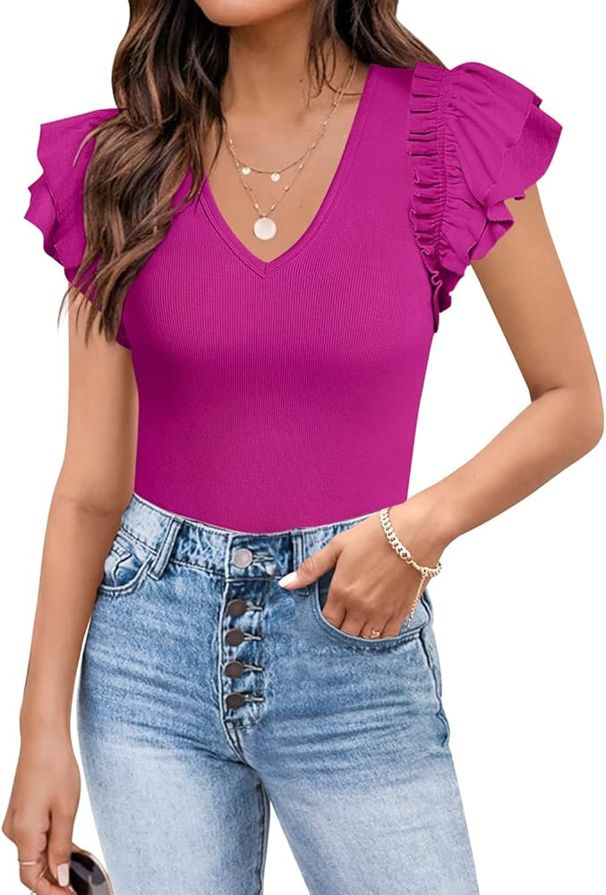DOROSE Womens Summer Tops Sexy V Neck Casual Ruffle Short Sleeve Shirts Blouses | Amazon (US)