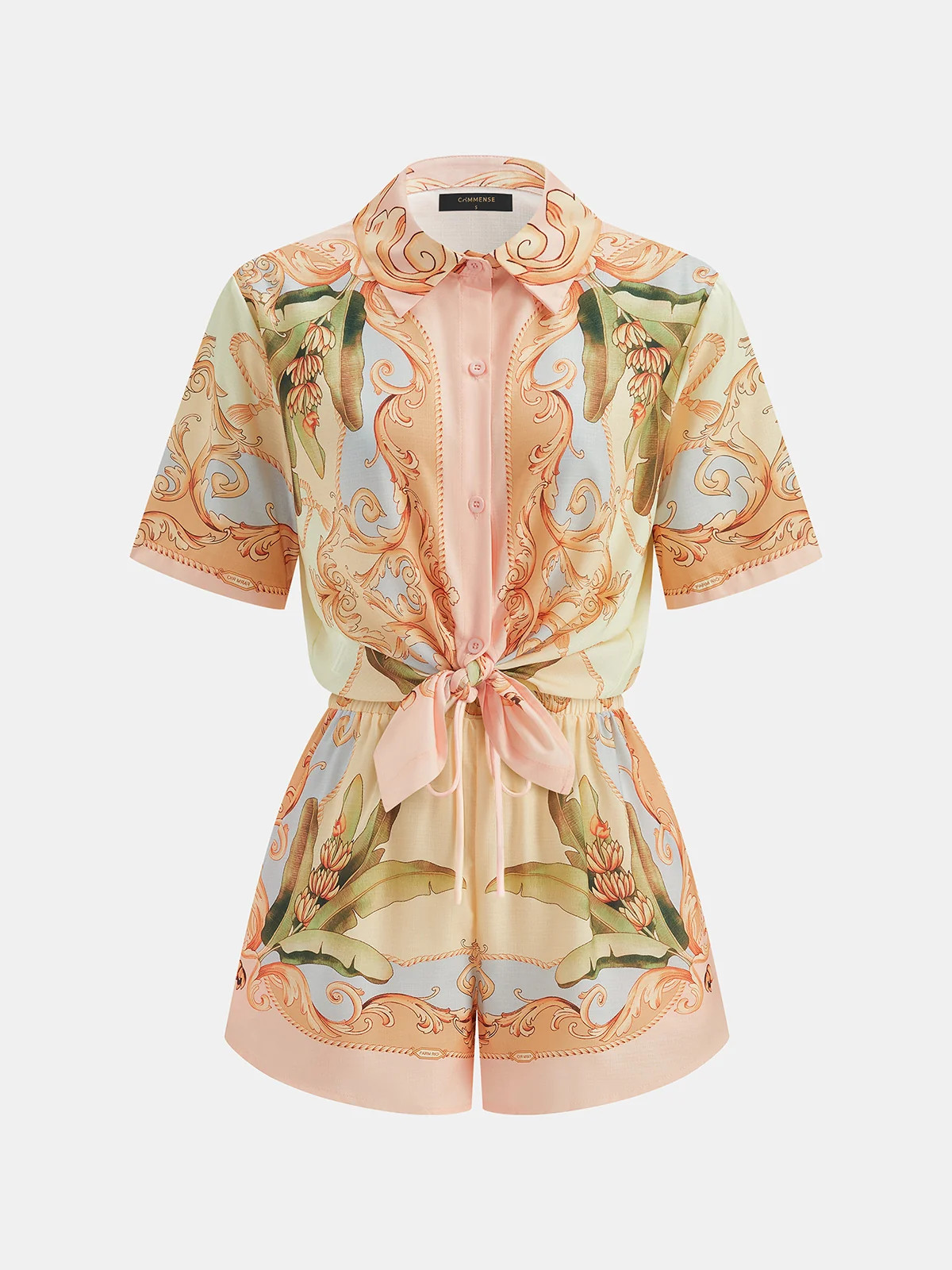 Leaf Print Linen Blend Shirt & Drawstring Shorts Set | Commense