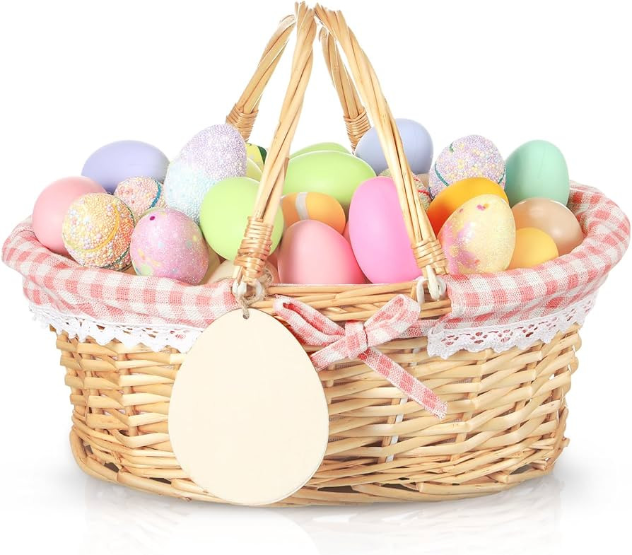 Leinuosen Easter Basket Wicker Picnic Basket with Wooden Egg Cutout Woven Candy Storage Gift Wine... | Amazon (US)