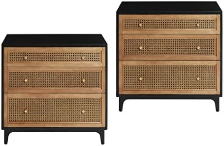 COZAYH 3-Drawer Woven Cane Front Accent Dresser, Set of 2 Nightstand with Brass Knobs for Living ... | Amazon (US)