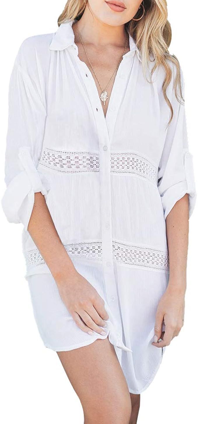 Women Sexy Vogue Button Down Shirts Crinkle Chiffon Bathing Suit Cover up Beachwear | Amazon (US)