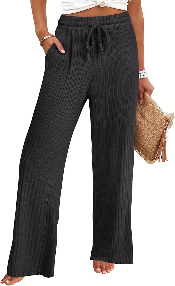 ANRABESS Womens Lounge Pants Soft Ribbed Knit Straight Leg Comfy Pajama Pants Drawstring Fall Fuz... | Amazon (US)