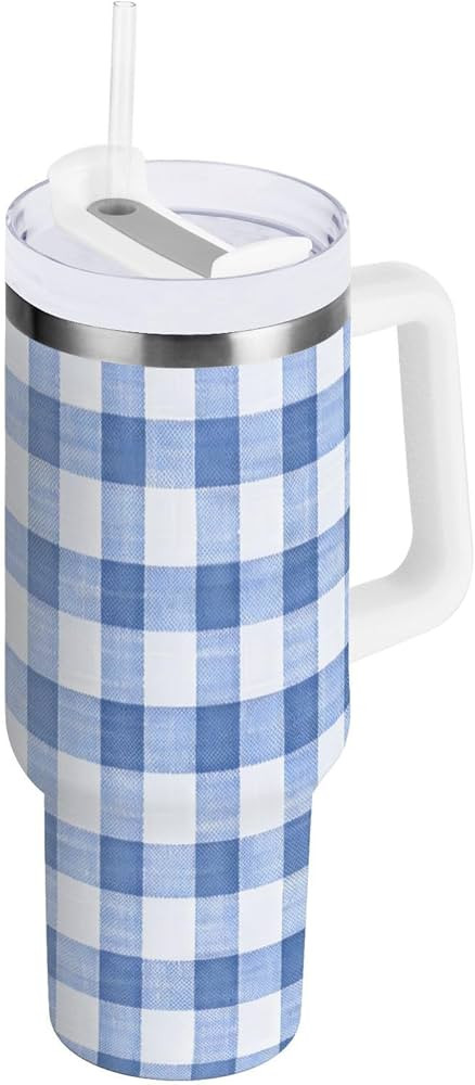 Blue White Gingham 30oz Insulated Tumbler with Handle and Straw Lid Leakproof Water Bottle Stainl... | Amazon (US)