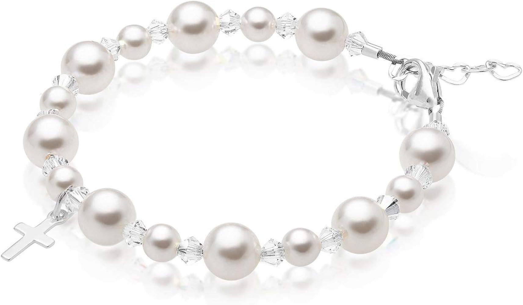 Baby Crystals Pearl Bracelets for Girls, Sterling Silver Cross Charm, Baptism Gifts for Girl, Gir... | Amazon (US)