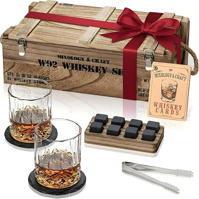 Mixology & Craft Whiskey Glasses Set of 2 Crystal Glasses & Slate Coasters | Perfect Holiday, Sec... | Amazon (US)
