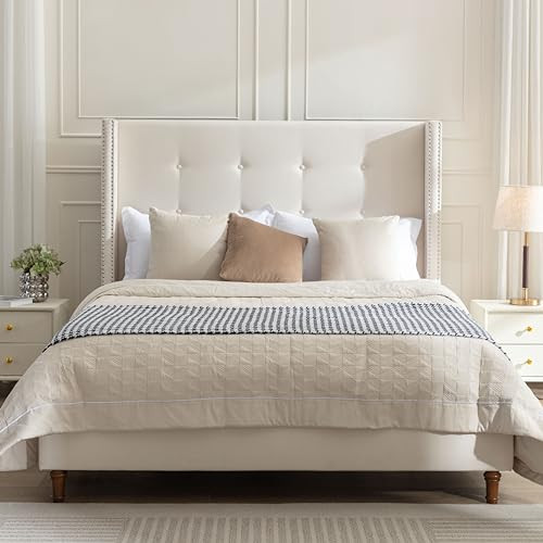DGSPVCT King Size Upholstered Bed Frame with 54'' Nail Head Decorative Wing Back,Hand Buttoned Tufting Headboard Platform Bed Frame with Wooden Slats,No Box Spring Needed, Ivory Velvet | Amazon (US)