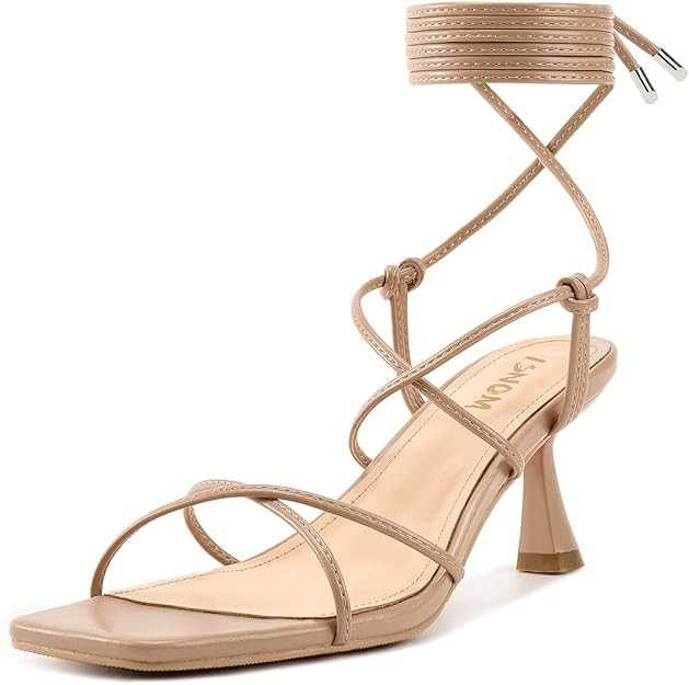 ISNOM Strappy Sandals for Women Kitten Heels Lace Up Heels Stiletto Heels Wrap Around Heels with ... | Amazon (US)