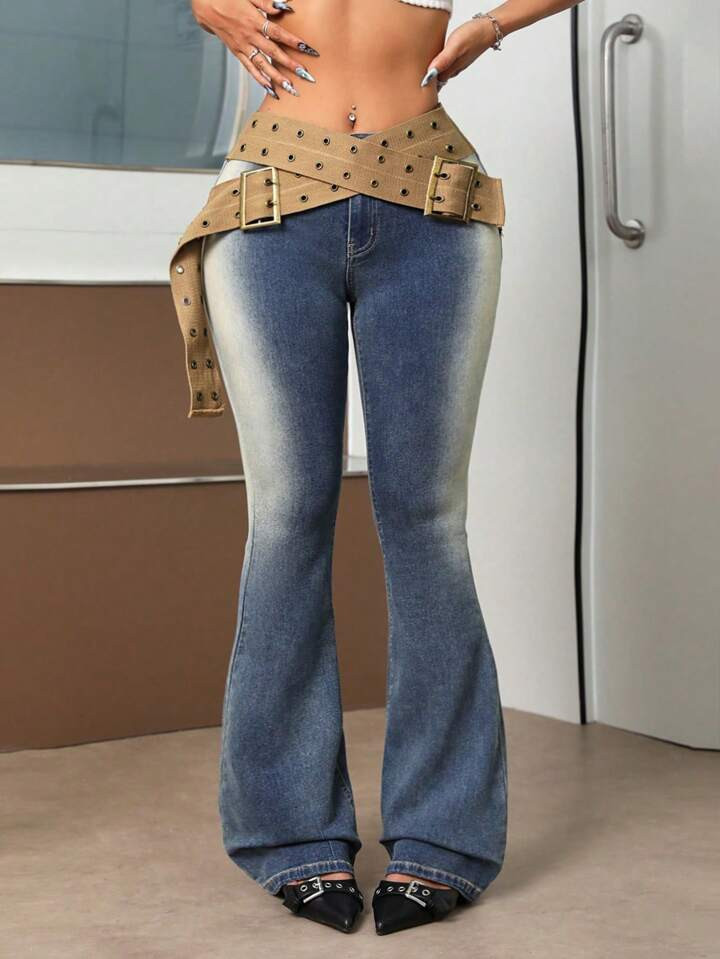 SHEIN ICON Women's Gradient Flare Jeans With Belt | SHEIN