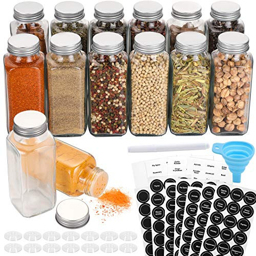 AOZITA 14 Pcs Glass Spice Jars with Spice Labels - 8oz Empty Square Spice Bottles - Shaker Lids and Airtight Metal Caps - Chalk Marker and Silicone Collapsible Funnel Included | Amazon (US)