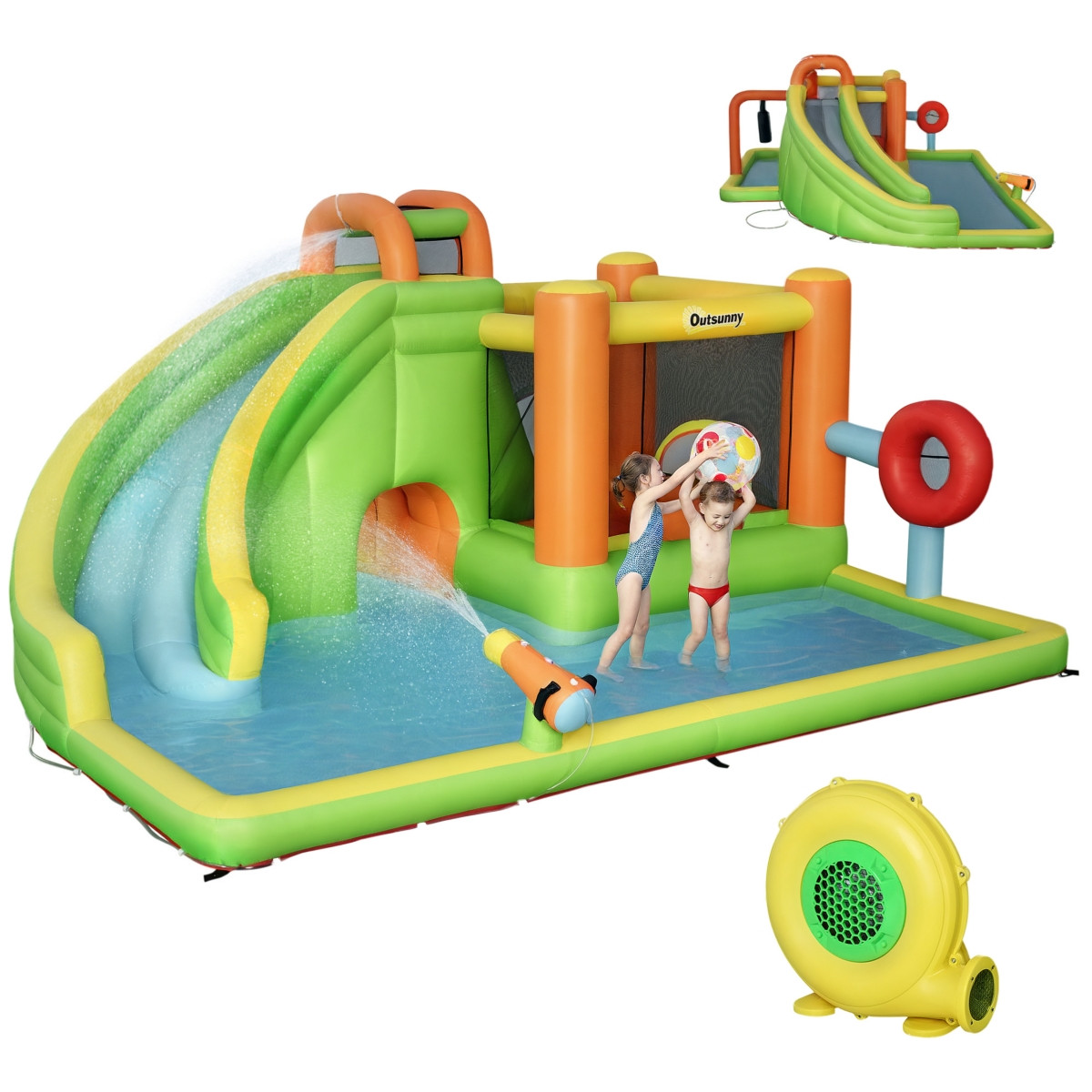 Outsunny 7-in-1 Backyard Inflatable Bounce House W/ Slide & Water Blaster - Multi-colored | Macy's