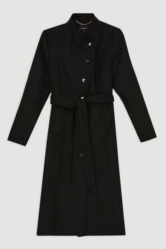 Italian Manteco Wool Blend Asymmetric Button Belted Tailored Midi Coat | Karen Millen US