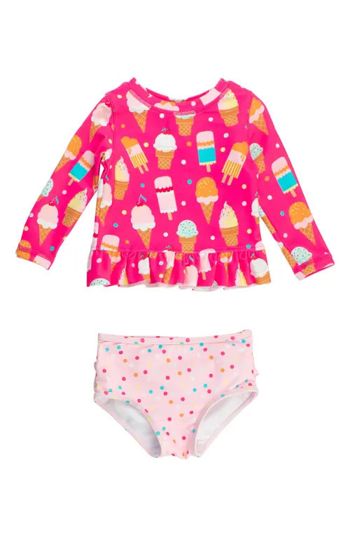 RuffleButts Sweet Scoops Long Sleeve Two-Piece Rashguard Swimsuit in Pink at Nordstrom, Size 6-12M | Nordstrom
