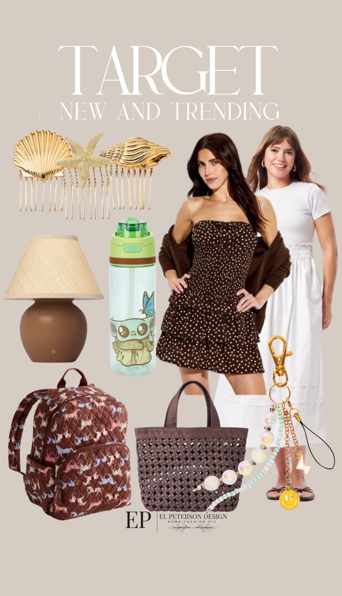 Target
New and trending
Dresses
Hair accessories 
Table lamp
Water bottle
Tote bag
Key Chain 
Backpack