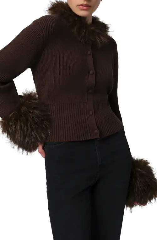 Apparis Rosa Pluche™ Faux Fur Trim Cardigan in Dark Brown /Dark Brown at Nordstrom, Size Small | Nordstrom