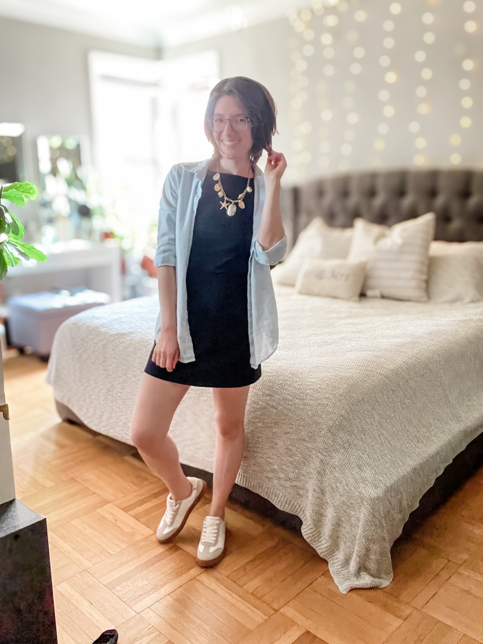 Athletic Dress: TTS
Linen button up: TTS
sneakers: TTS