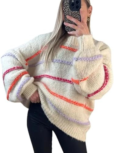 QIBABU Womens Striped Sweaters Casual Lantern Sleeve Color Block Knit Pullover Sweater Tops | Amazon (US)