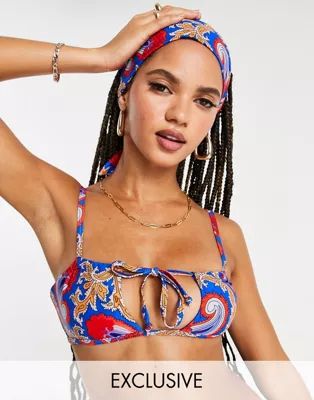 Missguided bikini top with cut out in blue scarf print | ASOS (Global)