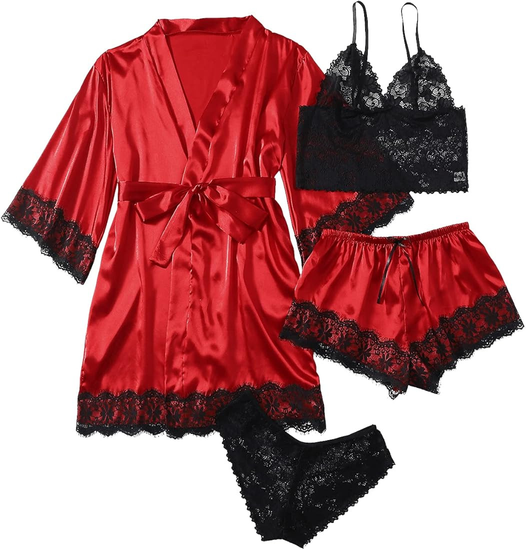 WDIRARA Women' Silk Satin Pajamas Set 4pcs Lingerie Floral Lace Cami Sleepwear with Robe | Amazon (US)