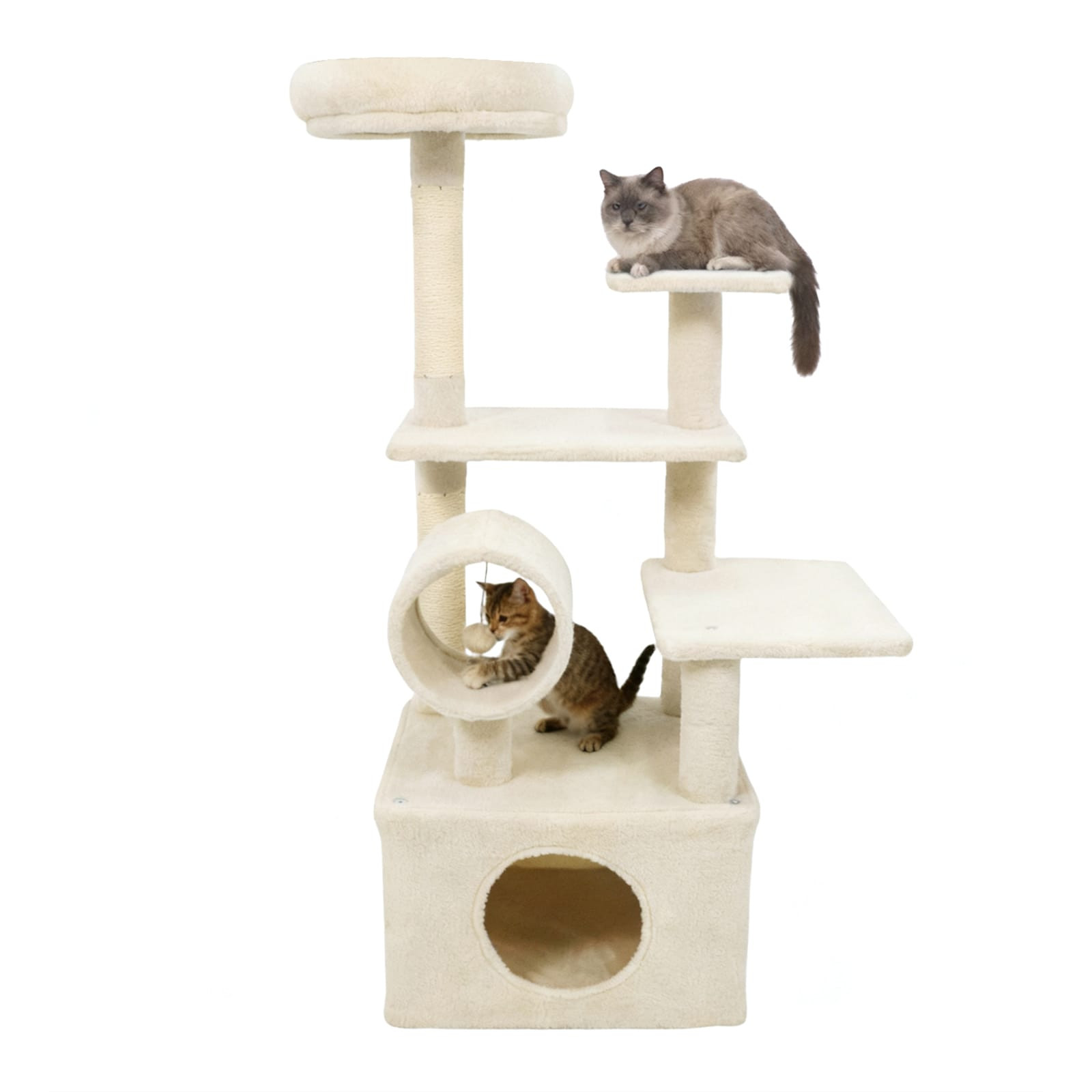 SUGIFT 48-in Tall Multi-Level Cat Tree Kitten Tower with Large Cat Condo Padded Top Perch Jute Scratching Posts and Cylinder Tunnel - Beige | Lowe's