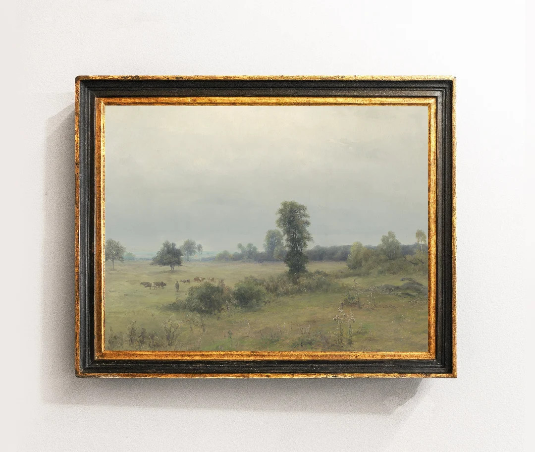 Meadow Landscape, Cows Painting, Meadow Painting, Vintage Landscape, Farmhouse Decor / P255 - Ets... | Etsy (US)