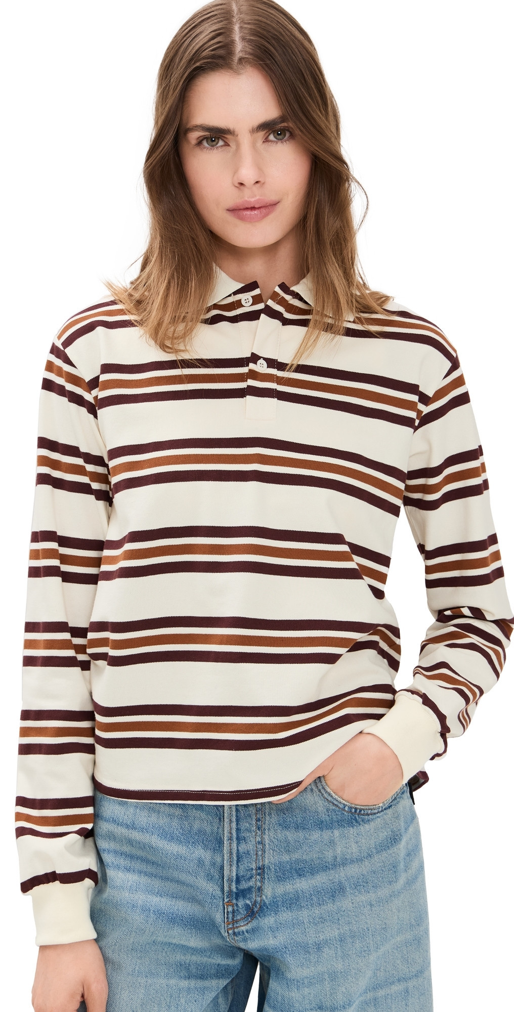 Lioness Leisure Long Sleeve Polo Coffee Stripe S | Shopbop