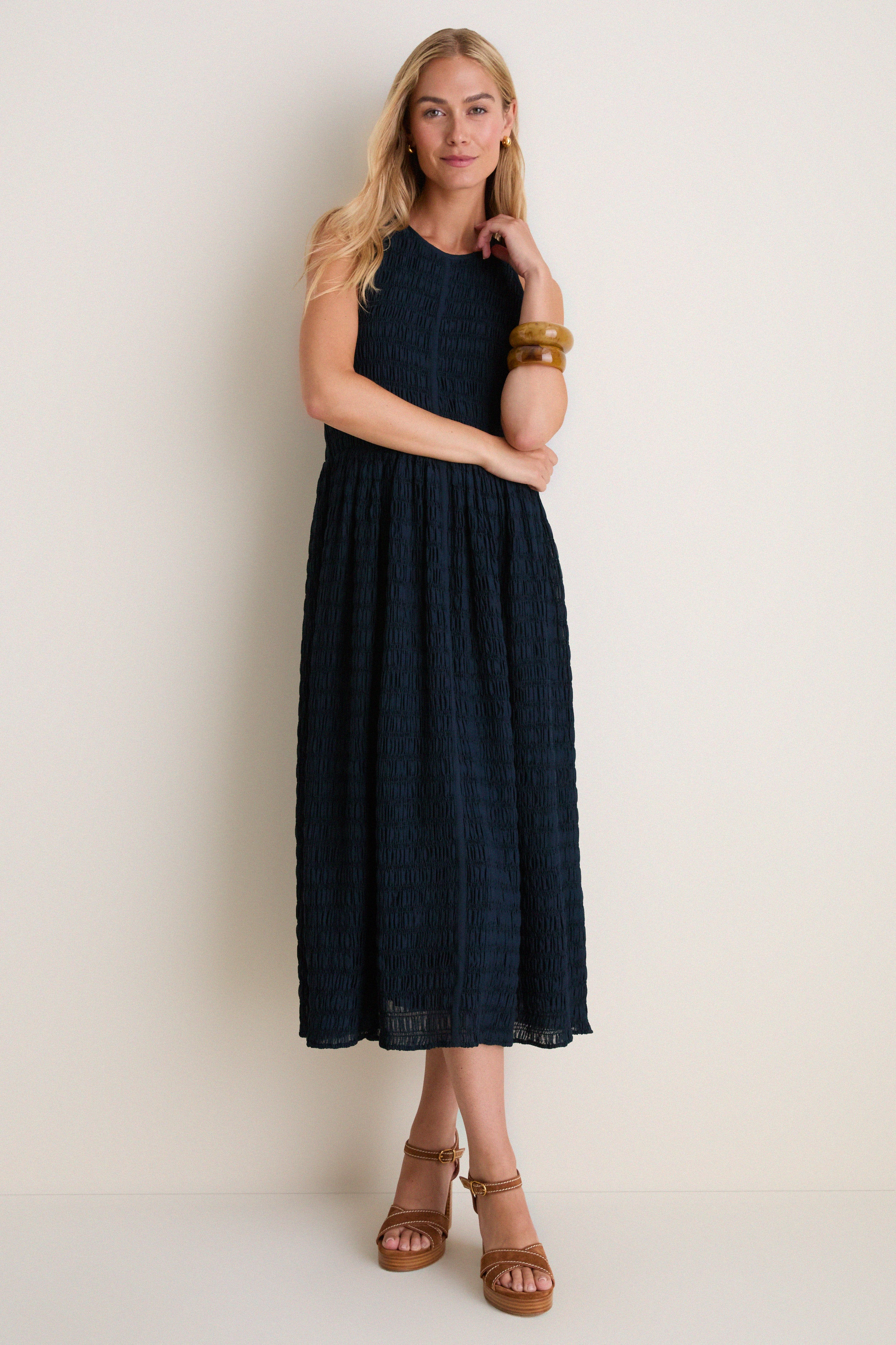 Navy Smocked Chiffon Vanetta Midi Dress | Tuckernuck (US)