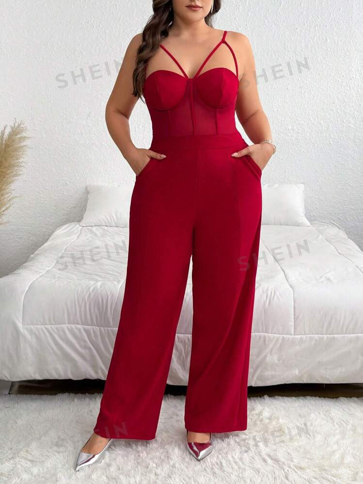 SHEIN Privé Plus Size Solid Color Spaghetti Strap Hollow-Out Minimalist Fitted Jumpsuit | SHEIN