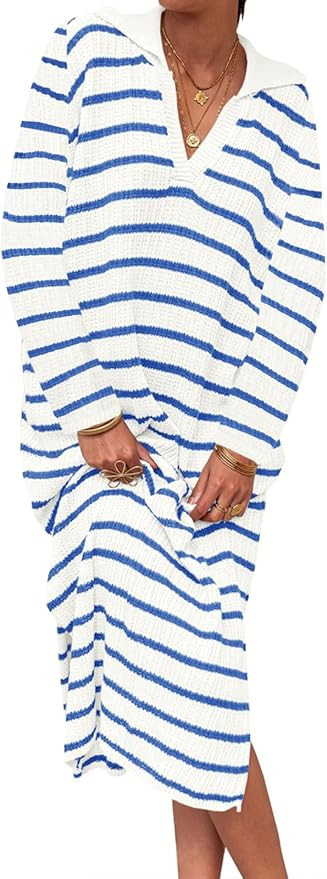 Saodimallsu Womens Striped Sweater Dress Fall Chunky Knit V Neck Collared Long Sleeve Sexy Slit L... | Amazon (US)
