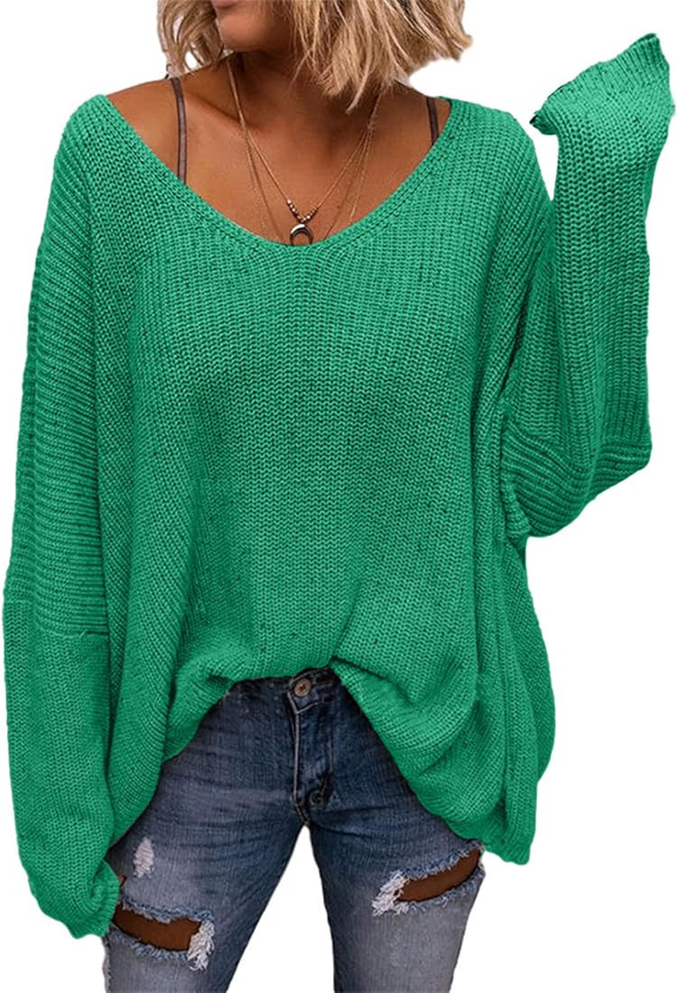BZB Women's V Neck Long Sleeve Knit Loose Oversized Pullover Sweater | Amazon (US)