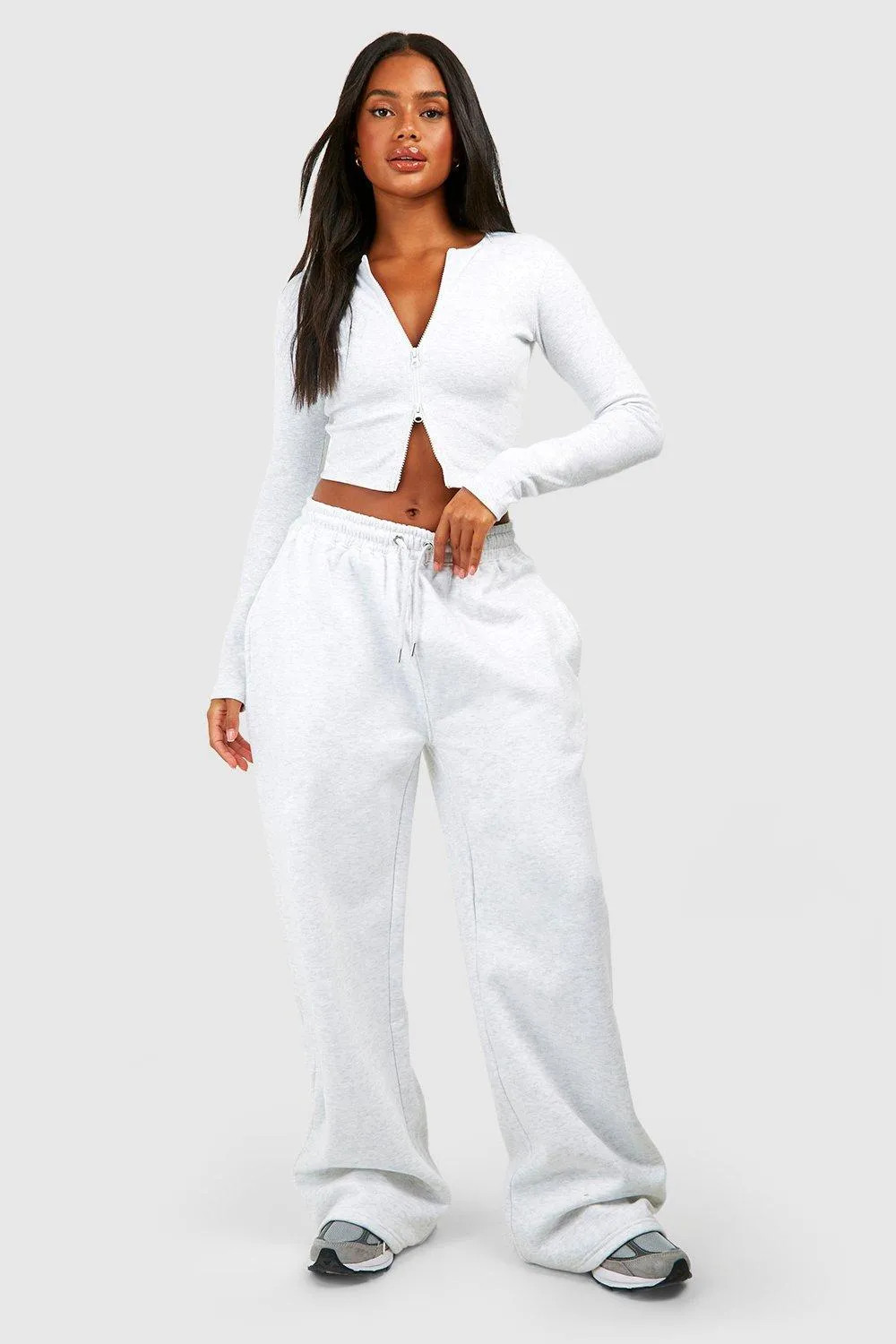 Tracksuits | Double Zip Long Sleeve Rib Top And Straight Leg Jogger Set | boohoo | Boohoo.com (UK & IE)